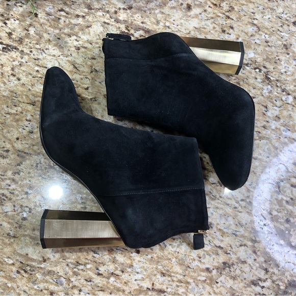 Senso Suede-like Black Round Toe Chunky Gold Heel Ankle Boots 39 - Picture 6 of 11